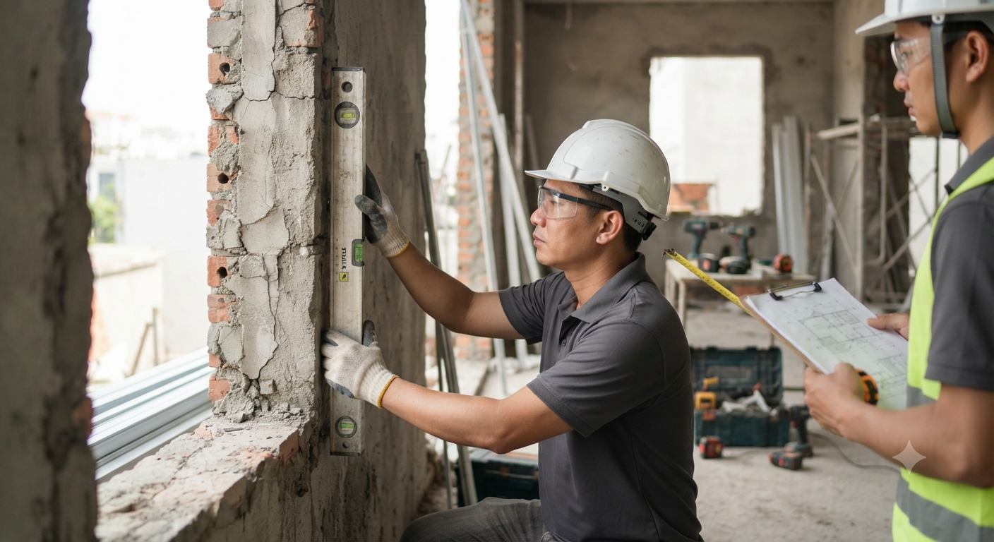 Các bước chi tiết kiểm tra hiện trạng khung tường trước khi thi công